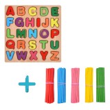 Tabla alfabet din lemn cu litere colorate + 100 betisoare de numarat, set educativ copii pentru invatare litere si cifre