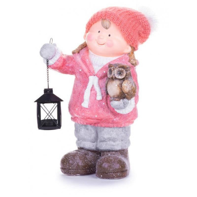 Decoratiune iarna, ceramica, fata cu felinar si bufnita, 28x18.5x39.5 cm foto