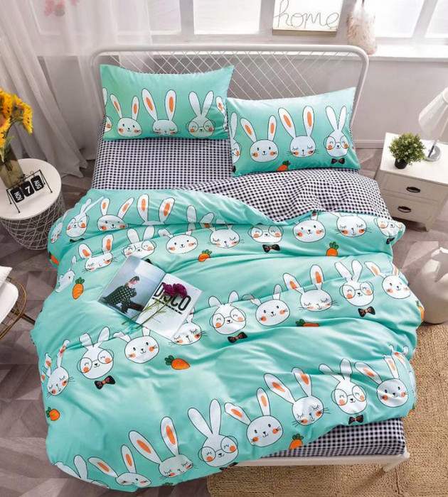 Lenjerie de pat pentru o persoana cu husa elastic pat si 2 fete perna patrata, Kimbry, bumbac mercerizat, multicolor