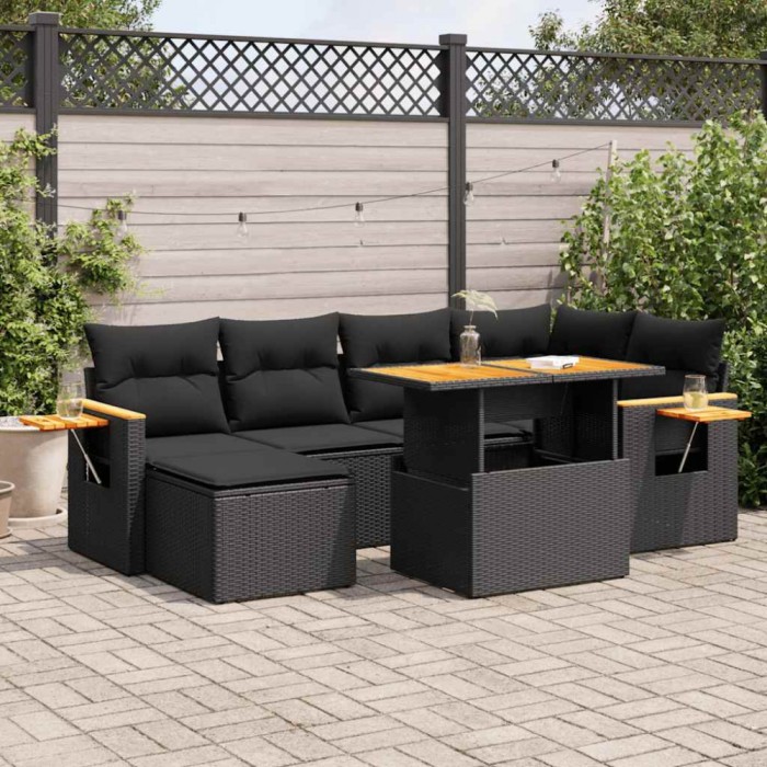 vidaXL Set canapele grădină perne 7 piese negru, poliratan/lemn acacia 3327618