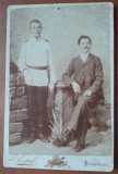 Fotografie pe carton, elev militar si barbat cu mustata, inceput de secol XX