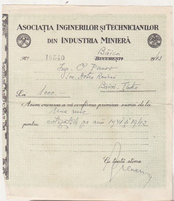 bnk div Asociaţia Inginerilor şi Tehnicienilor Industria Minieră - chitanta 1943 foto