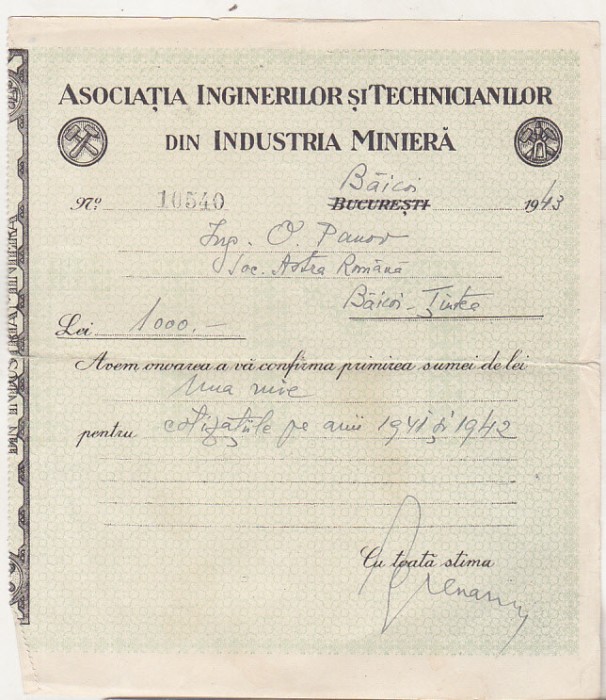 bnk div Asociaţia Inginerilor şi Tehnicienilor Industria Minieră - chitanta 1943