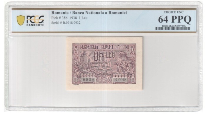 1 leu 1938 PCGS64 UNC bancnota gradata
