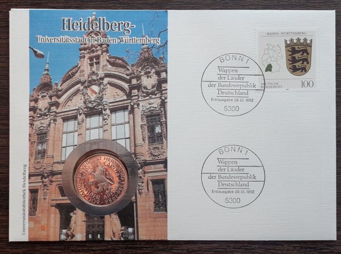 GERMANIA - FDC SI MONEDA 5 MARK 1986 D, UNIVERSITATEA HEIDELBERG - MONEDA PROOF