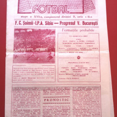 Program meci fotbal "SOIMII" IPA SIBIU - PROGRESUL BUCURESTI (24.11.1985)