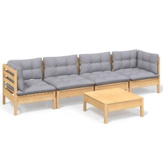 Set mobilier gradina cu perne gri, 5 piese, lemn masiv de pin