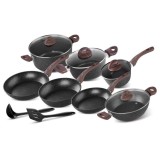 Set oale cu capac, tigai, ustensile pentru gatit, aluminiu, 13 piese, Black Marble Line, Magic Home