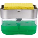 Dozator 2 &icirc;n 1 pentru detergent lichid de vase, cu suport pentru burete, transparent, 380 ml, 14 &times; 11 &times; 9 cm