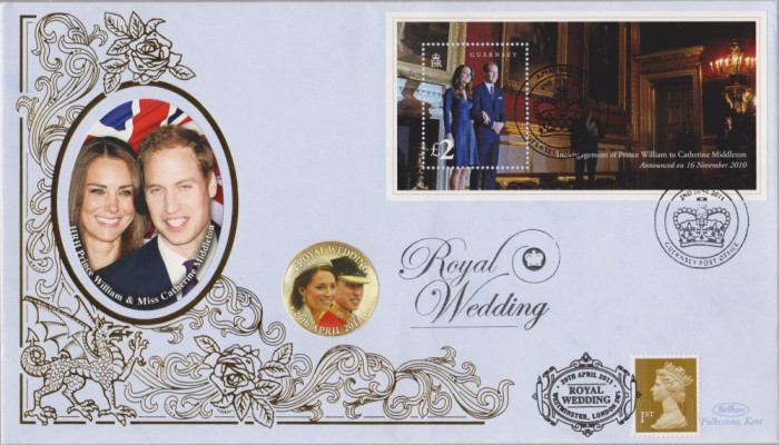 GUERNSEY 2011 NUNTA REGALA -Printul William cu Catherine Middleton FDC cu blocul