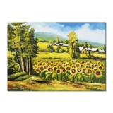 Tablou peisaj cu floarea soarelui si case pictat manual, Amintiri, 70x50cm ulei pe panza, Constantin Feraru