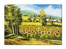 Tablou peisaj cu floarea soarelui si case pictat manual, Amintiri, 70x50cm ulei pe panza