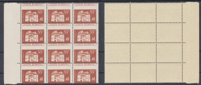 ROMANIA 1973 timbru 55 bani Cula din Maldaresti eroare dantelura bloc de 12 MNH