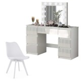 Set masa de toaleta/machiaj Vanessa + scaun Mark, sertare alb lucios, cu oglinda si LED-uri, Vanessa, 130x43x143 cm GartenVIP DiyLine