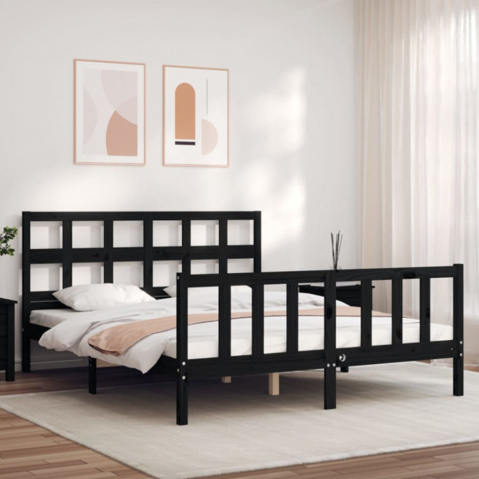 Cadru de pat cu tablie, negru, 160x200 cm, lemn masiv GartenMobel Dekor