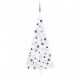 VidaXL Jumătate brad Crăciun pre-iluminat cu set globuri, alb, 180 cm