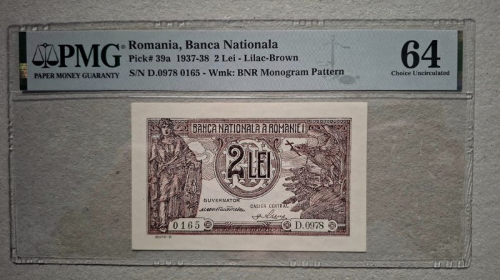 ROMANIA - 2 Lei 1938 UNC , gradata PMG 64 . Necirculata .