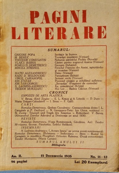 Revista Pagini literare nr.11-12/decembrie 1935