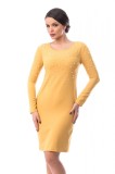 Rochie Galbena Eleganta Midi Cocktail Perle Maneci Lungi U612-9