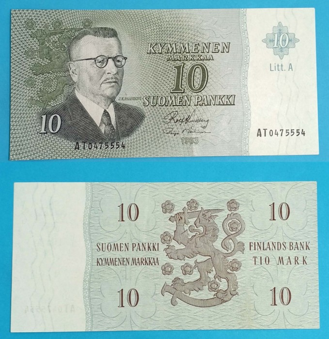 Finlanda (pick 104) 10 Markkaa 1963 aUNC serie: AT0475554