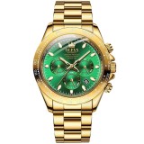 Ceas Barbati Olevs Automatic Mecanic Cronograf Analog Otel Auriu, Cadran Verde, Afisare Data