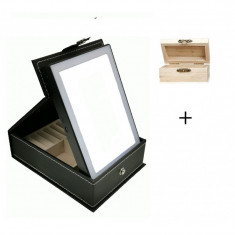 Oglinda de machiaj portabil cu lumina LED cu Touch ?i cutie de depozitare bijuterii si cosmetice , Cadou cufar din lemn foto