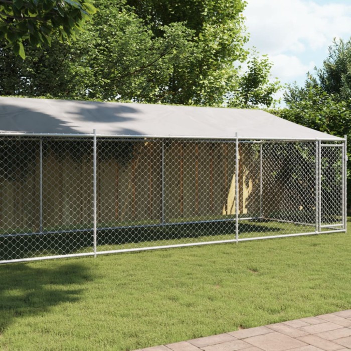 Cușcă c&acirc;ini cu acoperiș și uși, gri, 8x2x2 m, oțel galvanizat