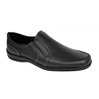 Pantofi barbati casual din piele naturala, perforati, cu elastic, calapod lat, Negru - GKR91N foto