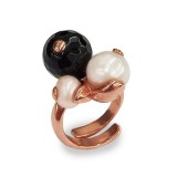Inel Argint placat aur roz, Trilogy cu agat negru 12mm &amp; perle cultura multicolore 8-10mm, reglabil. Bijuterie Made in Italy