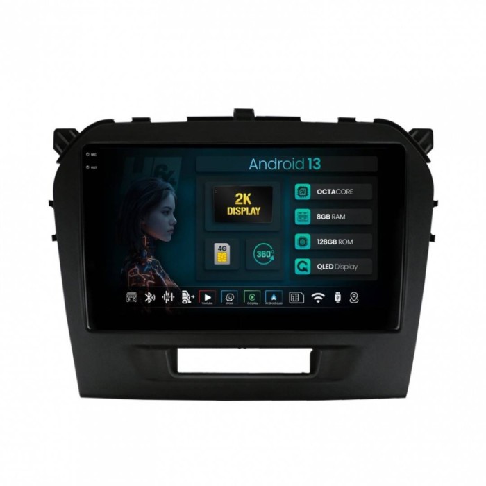 Navigatie 2K Suzuki Vitara (2015+) 8GB RAM Android 13 Octacore Slot Sim 4G DSP GPS Wi-FI Carplay Android Auto USB Bluetooth Waze Touchscreen 9.5 Inch