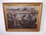 &quot;Viata in Delta&quot;, ulei/panza intinsa pe sasiu, vechi tablou romanesc, 76x61 cm