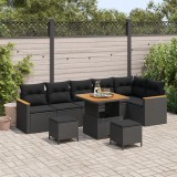Set de canapea de gradina Gossi 9 piese cu perne negru poliratan acacia, set de dining de gradina Gossi 3 piese cu perne negru poliratan acacia