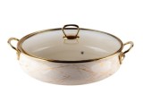 Cumpara ieftin Cratita joasa emailata, 28x8.5cm, 4.5 litri, manere titan aurii, capac sticla, inclusiv inductie, Goldmann, bej