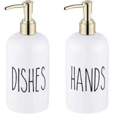 Set 2 dozatoare de sapun pentru baie, 21 x 7.5 cm, 500 ml, plastic, alb, auriu foto