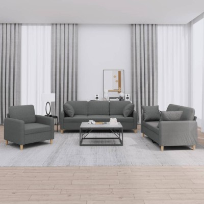 vidaXL Set de canapele cu perne, 3 piese, gri &amp;icirc;nchis, textil foto