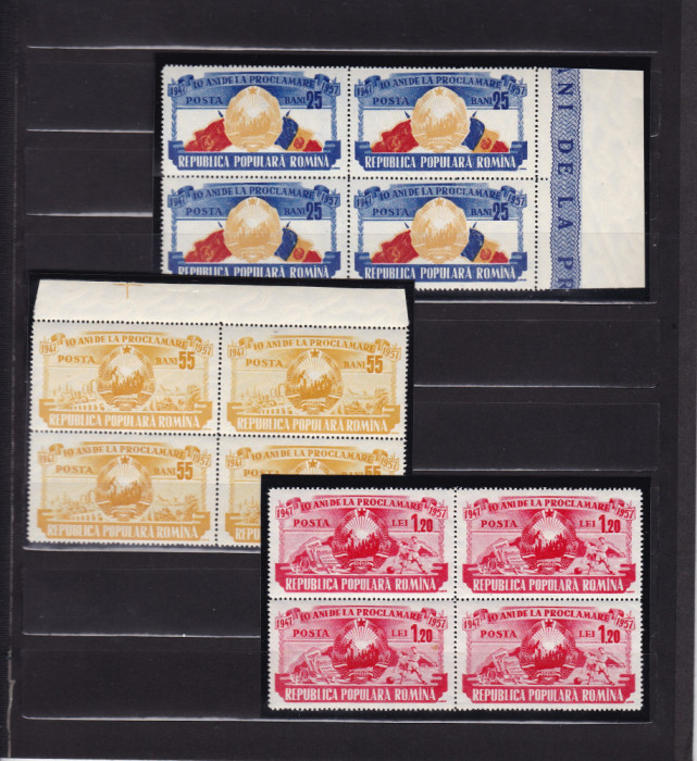 ROMANIA 1957 LP 449 - 10 DE LA ANI PROCLAMAREA R.P.R. BLOCURI 4 TIMBRE MNH