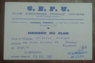 M3 C18 - 1967 - Carnet de membru - Club d&amp;#039;echange France univers foto