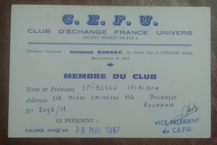 QW13 6 - 1967 - Carnet de membru - Club d&#039;echange France univers