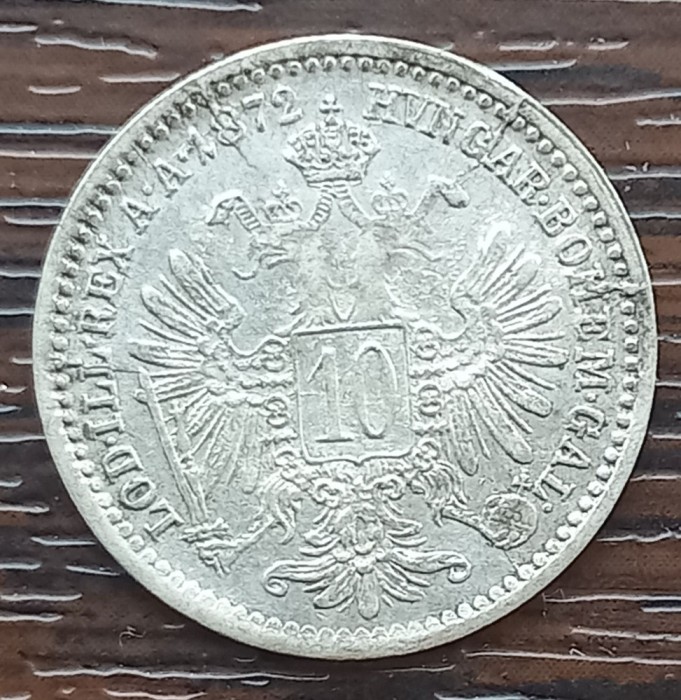 (A843) MONEDA DIN ARGINT AUSTRIA - 10 KREUZER 1872, FRANZ JOSEPH, EROARE DE BATERE, MATRITA SPARTA