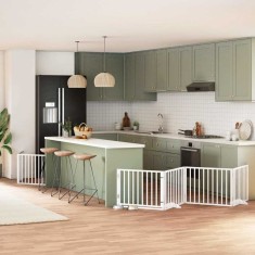 vidaXL Poartă c&acirc;ini pliabilă cu ușă 8 panouri, alb, 640 cm, lemn plop 3155562