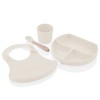 Set diversificare 4 piese BabyJem: Bavetica, Farfurie, Lingurita, Pahar | Silicon Alimentar, Ecru