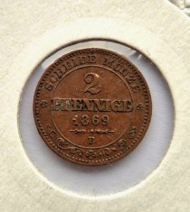 Saxony Statele Germane 2 Pfennige 1869 km # 1217 moneda cupru