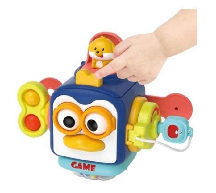 Jucarie Interactiva cu Activitati de Apasare, Rasucire si Potrivire pentru Bebelusi, 12m+, Busy Box, Happy Exploration