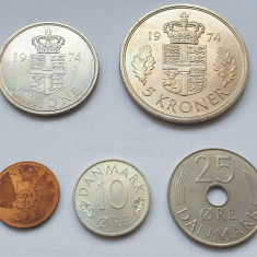 Set 4 monede 5,10,25 ore, 1,5 Kroner 1974 Danemarca, unc, 5 ore are tonifiere