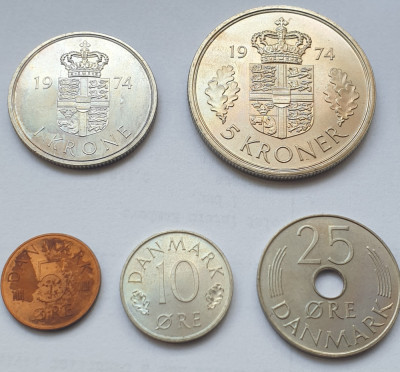 Set 4 monede 5,10,25 ore, 1,5 Kroner 1974 Danemarca, unc, 5 ore are tonifiere foto