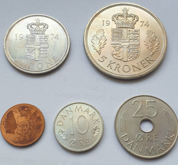 Set 4 monede 5,10,25 ore, 1,5 Kroner 1974 Danemarca, unc, 5 ore are tonifiere