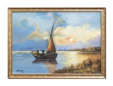 Cumpara ieftin Tablou cu pescari in vela pictat manual inramat, 75x55cm ulei pe panza, rama din lemn