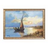 Tablou cu pescari in vela pictat manual inramat, 75x55cm ulei pe panza, rama din lemn