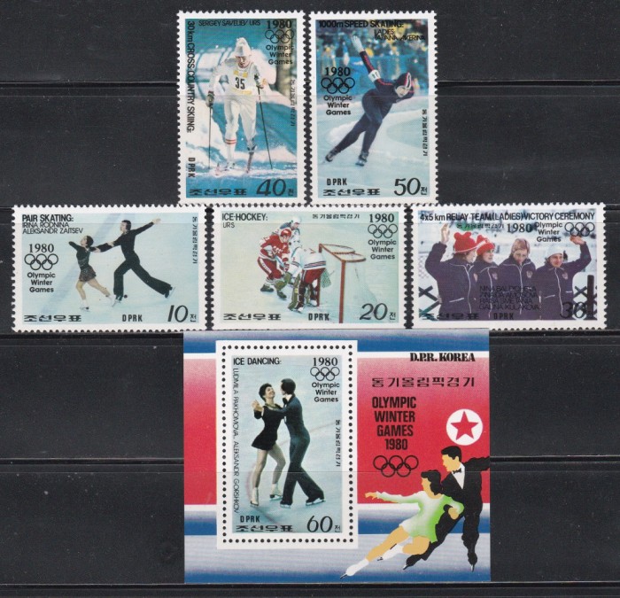 Coreea de Nord 1979 - J.O. Lake Placid, Serie + Colita + 2 MC, 4 Poze, MNH