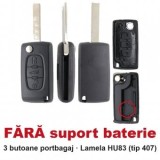 Set 2 bucati - Carcasa cheie briceag Topautochei&amp;#174; 3 butoane portbagaj, FARA suport baterie, lamela HU83, compatibila cu Peugeot 307 308 407 si Ci